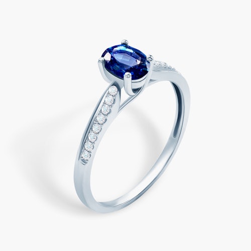 Pierścionek zaręczynowy SAVICKI: białe złoto, niebieski szafir, diamenty